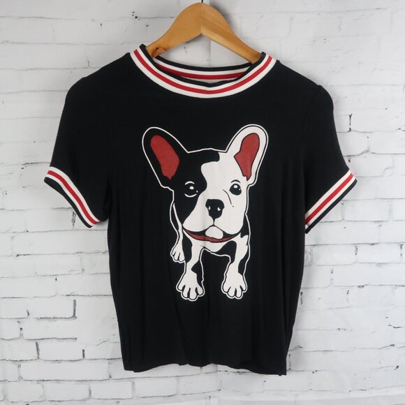 gaze Tops - GAZE BLACK WHITE & RED FRENCH BULLDOG PRINT SHORT SLEEVE CROP TOP SIZE SMALL